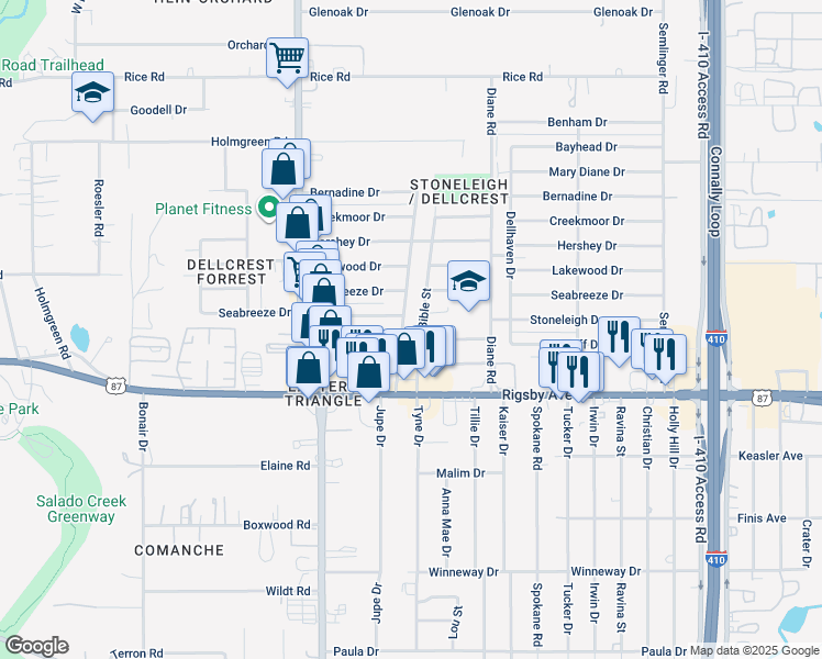 map of restaurants, bars, coffee shops, grocery stores, and more near 2202 Odessa Drive in San Antonio