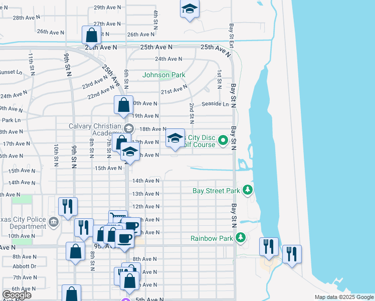 map of restaurants, bars, coffee shops, grocery stores, and more near 212 16th Avenue North in Texas City