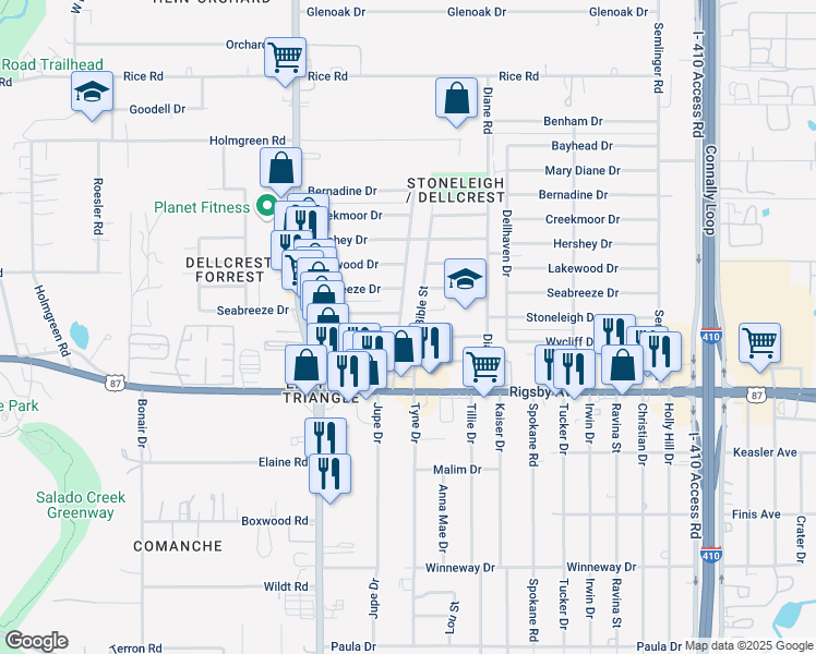map of restaurants, bars, coffee shops, grocery stores, and more near 2202 Odessa Drive in San Antonio