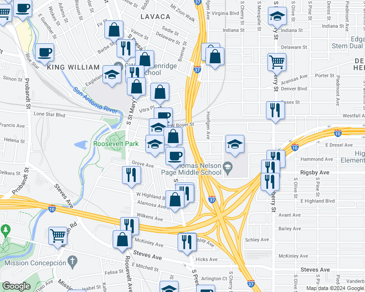 map of restaurants, bars, coffee shops, grocery stores, and more near 205 East Whittier Street in San Antonio