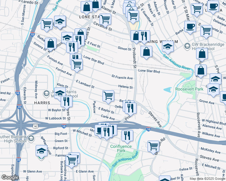 map of restaurants, bars, coffee shops, grocery stores, and more near 326 East Lambert Street in San Antonio