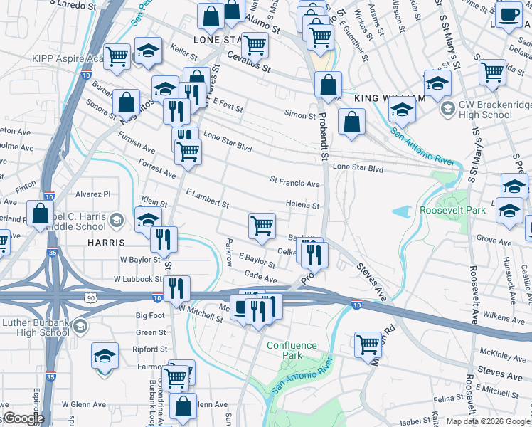 map of restaurants, bars, coffee shops, grocery stores, and more near 257 Bank in San Antonio