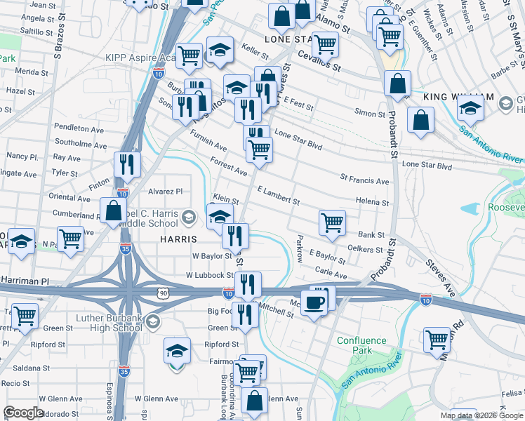 map of restaurants, bars, coffee shops, grocery stores, and more near 2420 South Flores Street in San Antonio