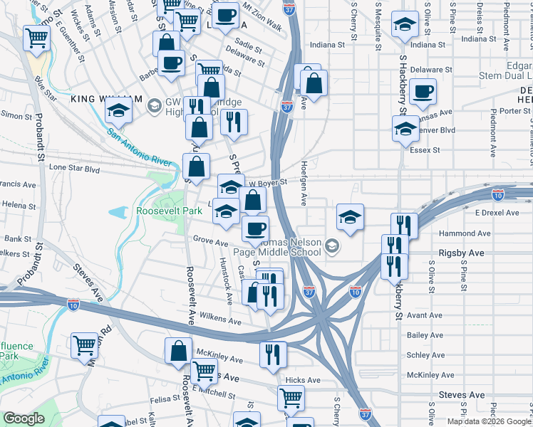 map of restaurants, bars, coffee shops, grocery stores, and more near 205 East Whittier Street in San Antonio