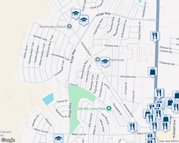 map of restaurants, bars, coffee shops, grocery stores, and more near 102 Flint Rock Trail in Del Rio