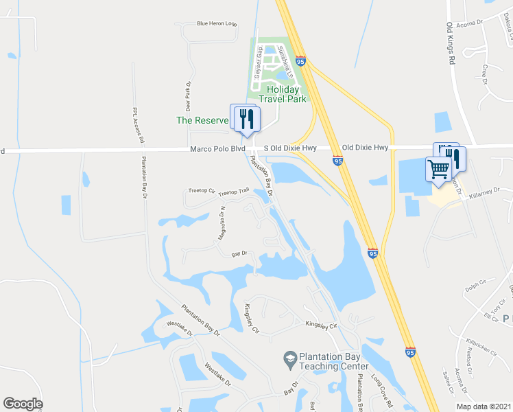 map of restaurants, bars, coffee shops, grocery stores, and more near 21 Jasmine Run in Ormond Beach
