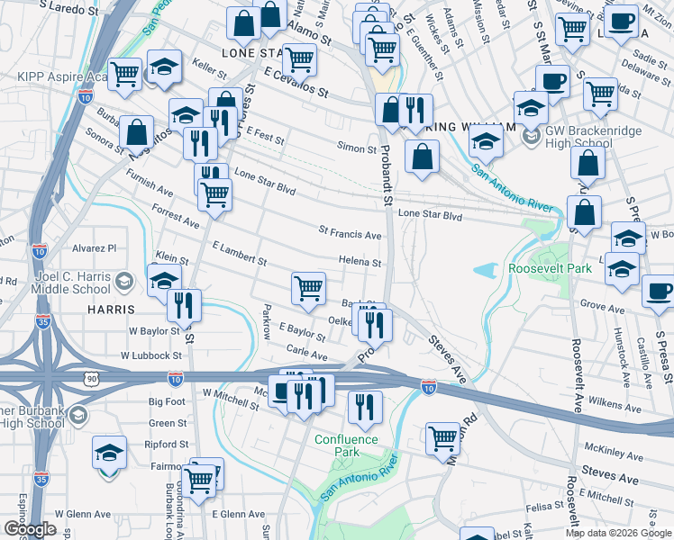 map of restaurants, bars, coffee shops, grocery stores, and more near 326 East Lambert Street in San Antonio