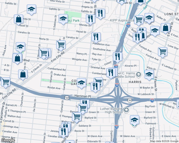 map of restaurants, bars, coffee shops, grocery stores, and more near 303 Drake Avenue in San Antonio