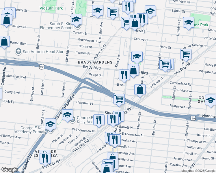 map of restaurants, bars, coffee shops, grocery stores, and more near 226 Bogle Street in San Antonio