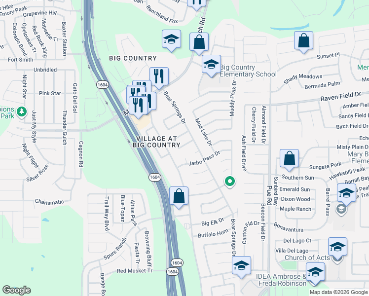 map of restaurants, bars, coffee shops, grocery stores, and more near 2703 Bushy Run Drive in San Antonio