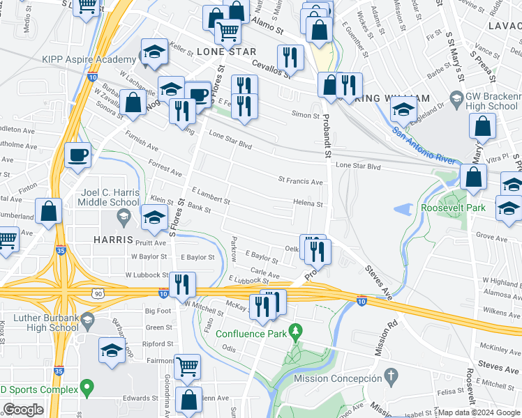 map of restaurants, bars, coffee shops, grocery stores, and more near 255 East Lambert Street in San Antonio