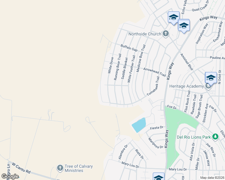 map of restaurants, bars, coffee shops, grocery stores, and more near 224 Running Bear Trail in Del Rio