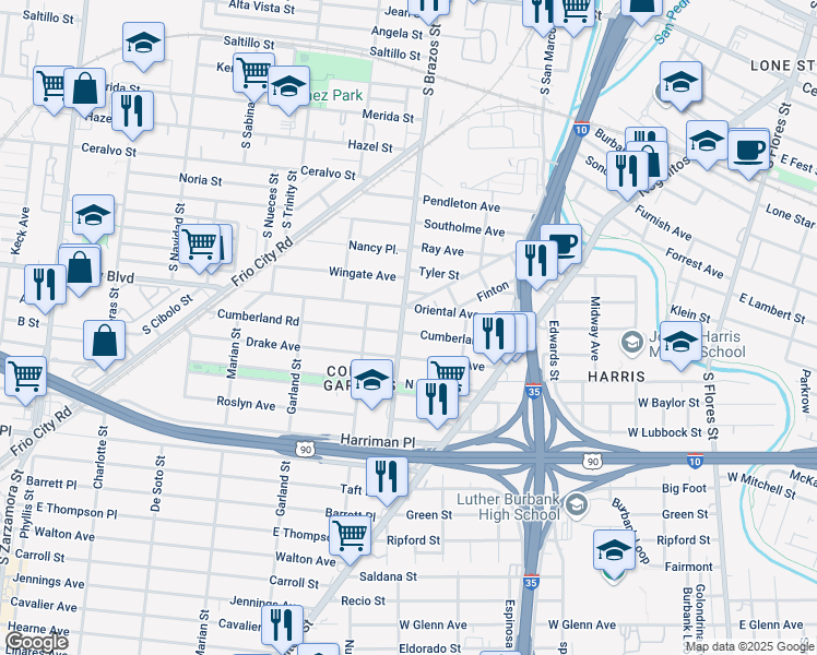 map of restaurants, bars, coffee shops, grocery stores, and more near 303 Drake Avenue in San Antonio