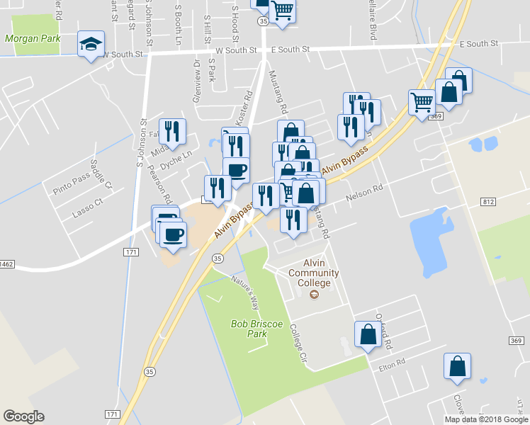 map of restaurants, bars, coffee shops, grocery stores, and more near 2547 South Loop Highway 35 in Alvin