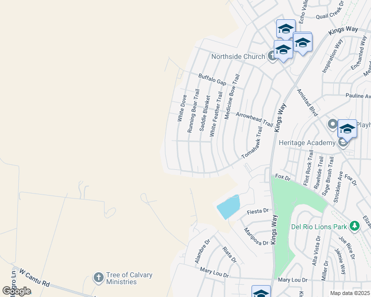 map of restaurants, bars, coffee shops, grocery stores, and more near 224 Running Bear Trail in Del Rio