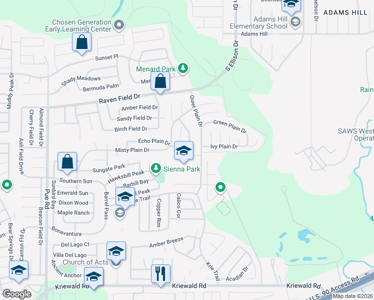 map of restaurants, bars, coffee shops, grocery stores, and more near 3155 Quiet Plain Drive in San Antonio