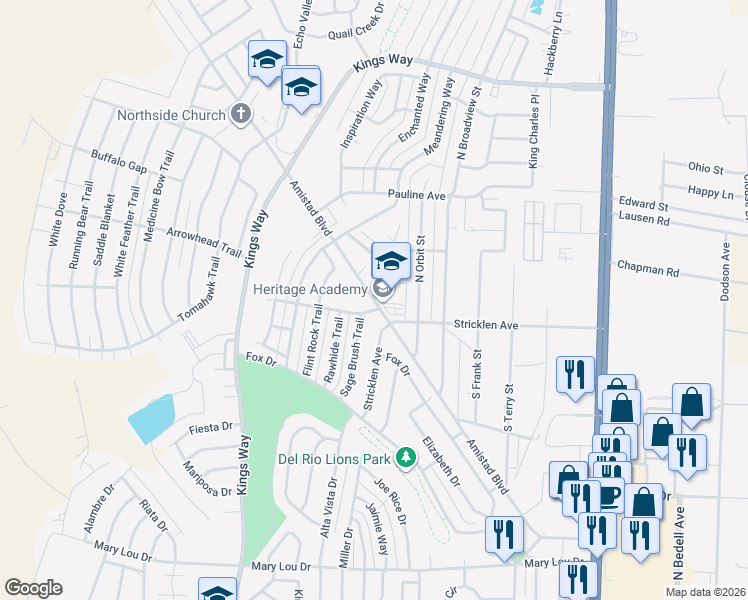 map of restaurants, bars, coffee shops, grocery stores, and more near Amistad Boulevard in Del Rio