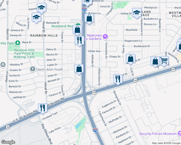 map of restaurants, bars, coffee shops, grocery stores, and more near 2816 Southwest Loop 410 in San Antonio