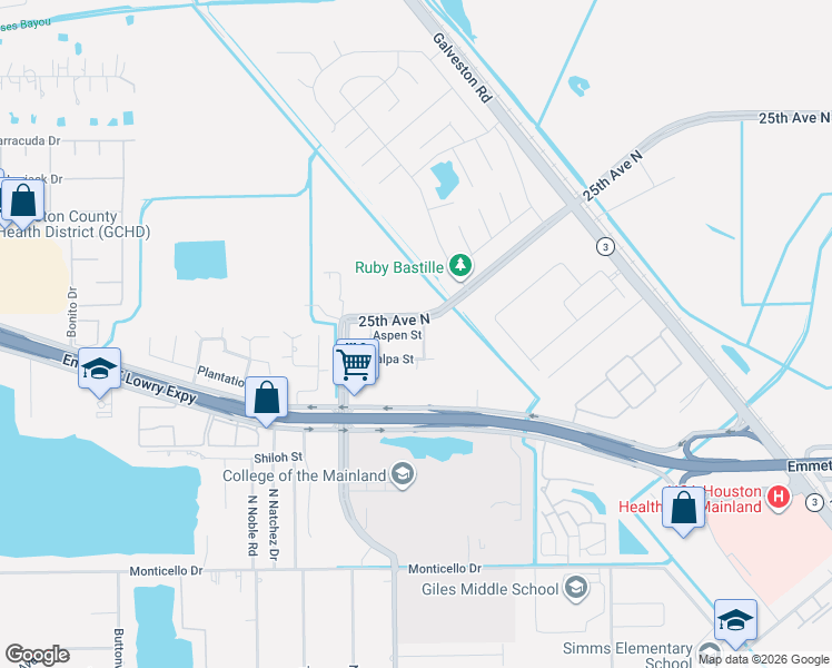 map of restaurants, bars, coffee shops, grocery stores, and more near 8018 Catalpa Street in Texas City