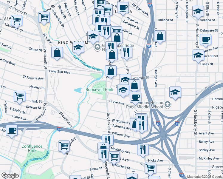 map of restaurants, bars, coffee shops, grocery stores, and more near 230 West Whittier Street in San Antonio