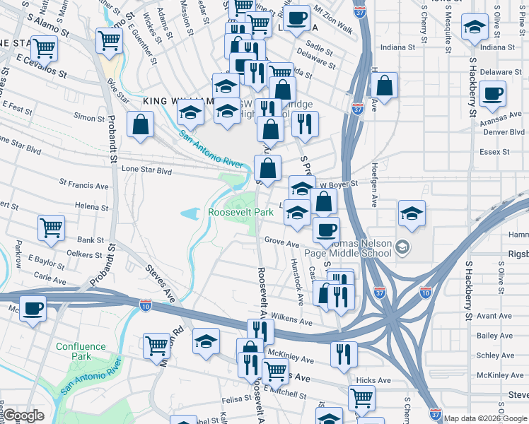 map of restaurants, bars, coffee shops, grocery stores, and more near 230 West Whittier Street in San Antonio