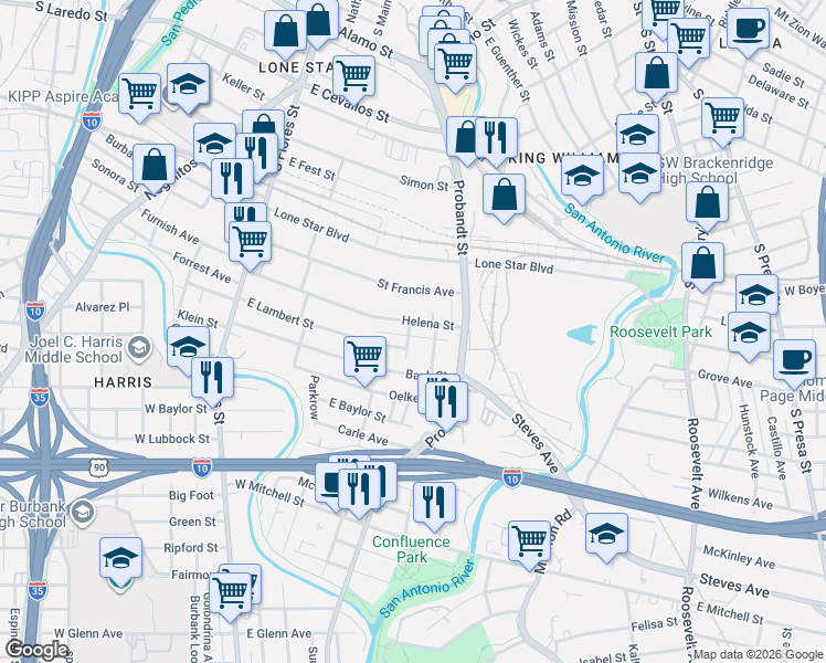 map of restaurants, bars, coffee shops, grocery stores, and more near 326 East Lambert Street in San Antonio