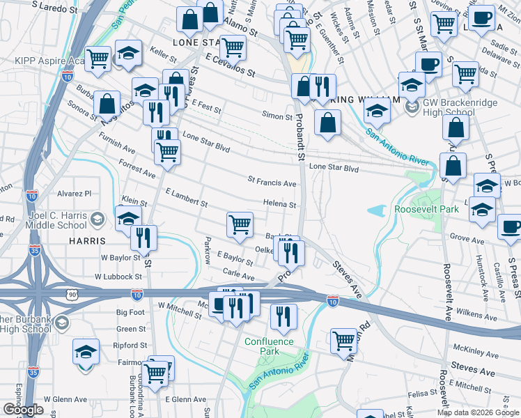 map of restaurants, bars, coffee shops, grocery stores, and more near 326 East Lambert Street in San Antonio