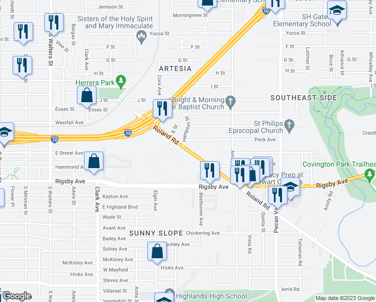 map of restaurants, bars, coffee shops, grocery stores, and more near 500 U.S. 87 in San Antonio
