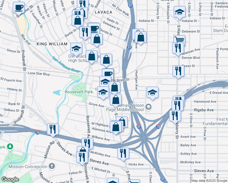 map of restaurants, bars, coffee shops, grocery stores, and more near 2122 South Presa Street in San Antonio