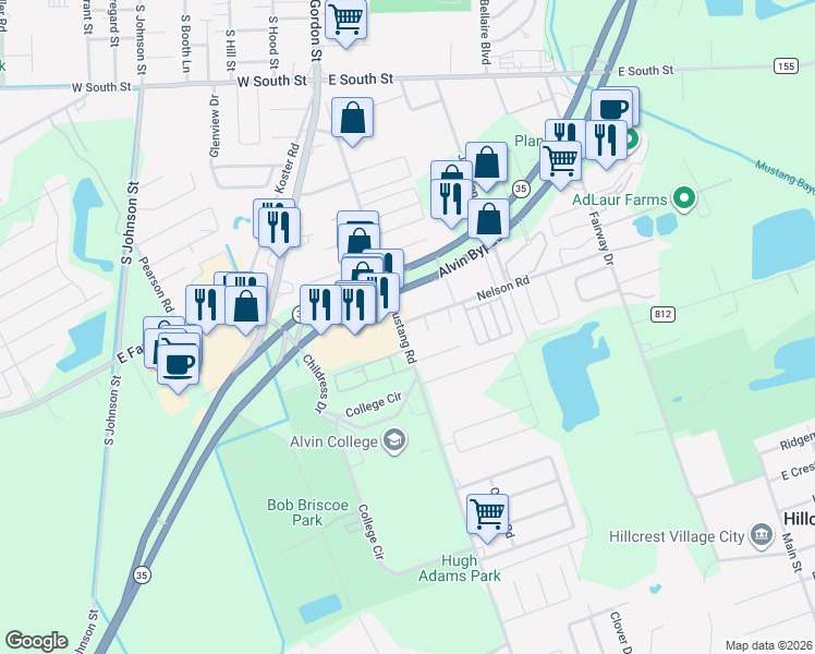 map of restaurants, bars, coffee shops, grocery stores, and more near 313 Meyer Street in Alvin