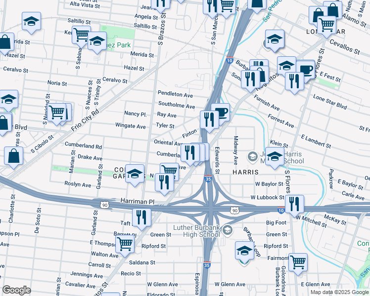 map of restaurants, bars, coffee shops, grocery stores, and more near 163 Oriental Avenue in San Antonio