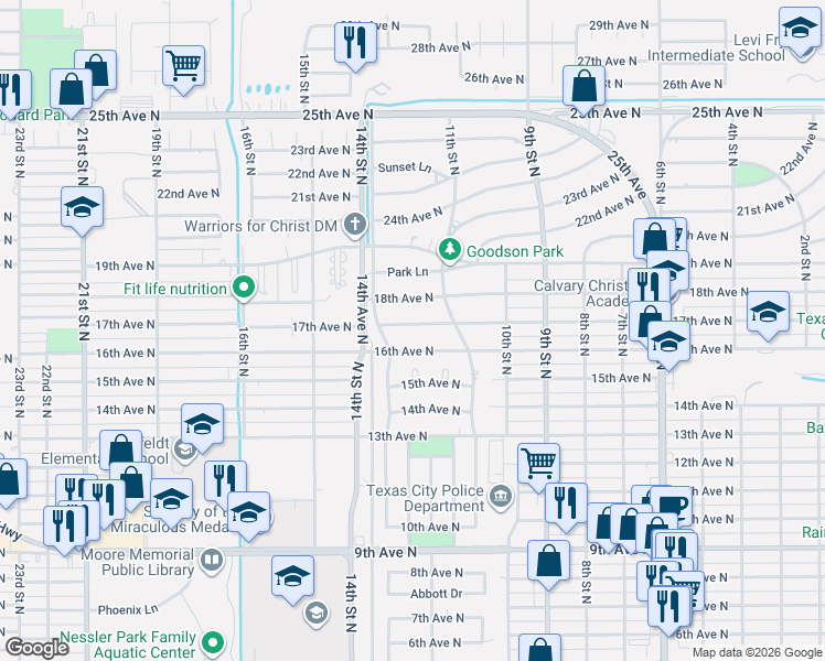 map of restaurants, bars, coffee shops, grocery stores, and more near 1129 18th Avenue North in Texas City