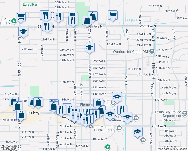 map of restaurants, bars, coffee shops, grocery stores, and more near 2013 18th Avenue North in Texas City