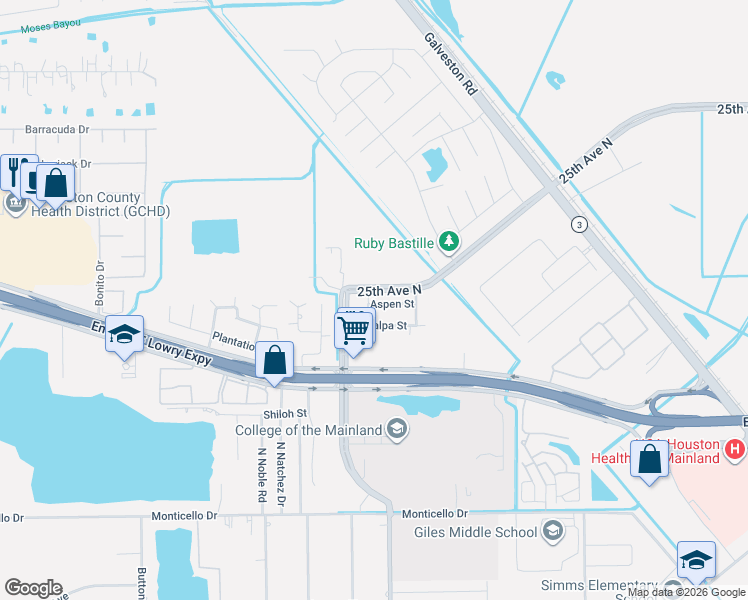 map of restaurants, bars, coffee shops, grocery stores, and more near 1829 Birch Street in Texas City