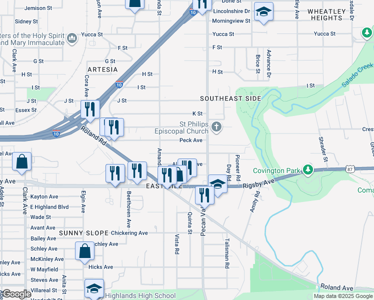 map of restaurants, bars, coffee shops, grocery stores, and more near 1806 Peck Avenue in San Antonio