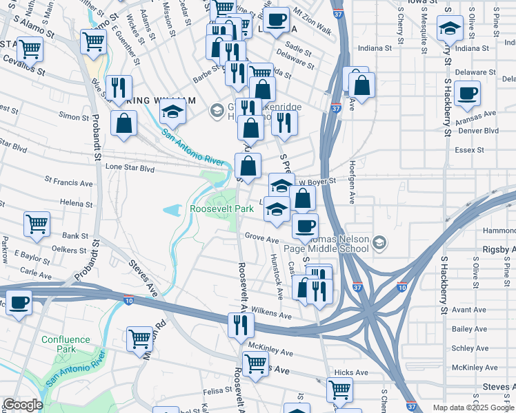 map of restaurants, bars, coffee shops, grocery stores, and more near 206 Roosevelt Avenue in San Antonio