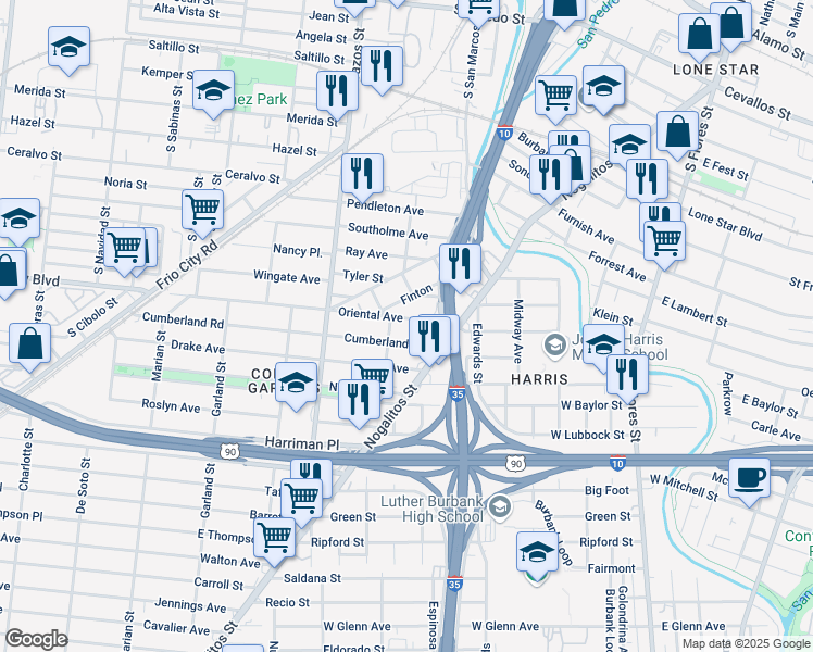 map of restaurants, bars, coffee shops, grocery stores, and more near 163 Oriental Avenue in San Antonio