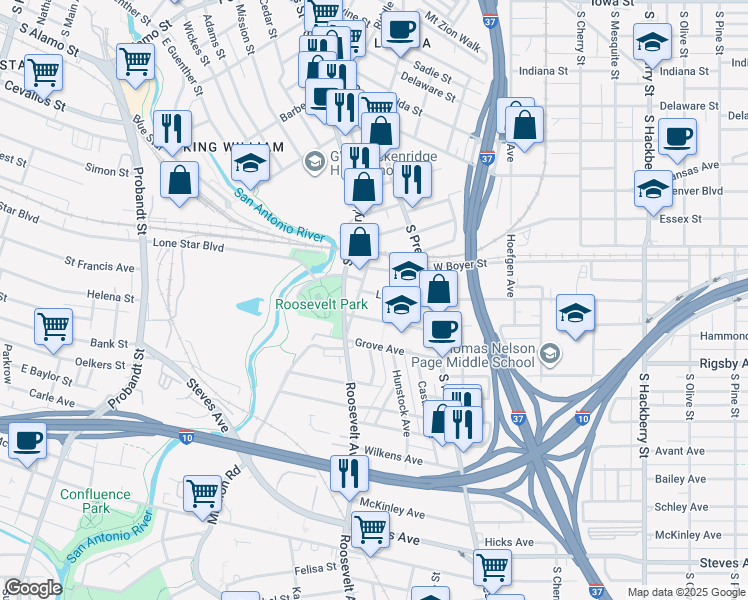 map of restaurants, bars, coffee shops, grocery stores, and more near 206 Roosevelt Avenue in San Antonio