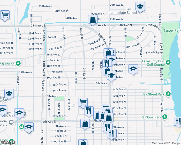 map of restaurants, bars, coffee shops, grocery stores, and more near 805 17th Avenue North in Texas City