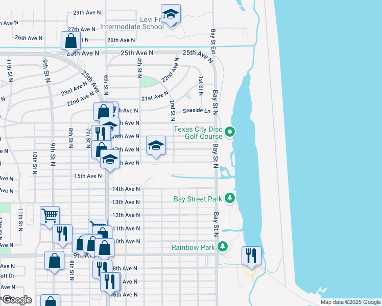 map of restaurants, bars, coffee shops, grocery stores, and more near 45 17th Avenue North in Texas City