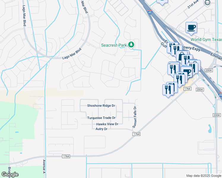 map of restaurants, bars, coffee shops, grocery stores, and more near 12313 Bowline Road in La Marque