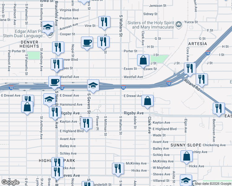 map of restaurants, bars, coffee shops, grocery stores, and more near 1039 East Drexel Avenue in San Antonio