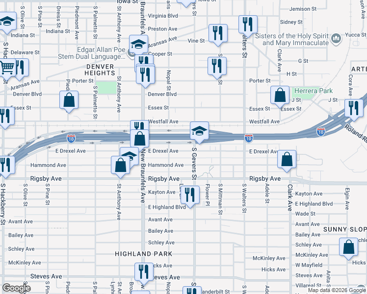 map of restaurants, bars, coffee shops, grocery stores, and more near 898 East Drexel Avenue in San Antonio