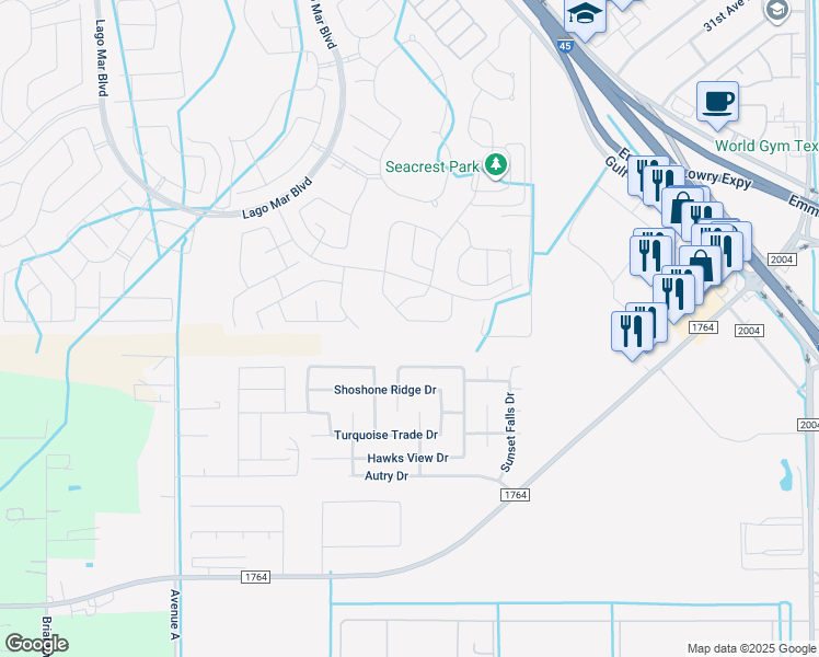 map of restaurants, bars, coffee shops, grocery stores, and more near 12313 Bowline Road in La Marque
