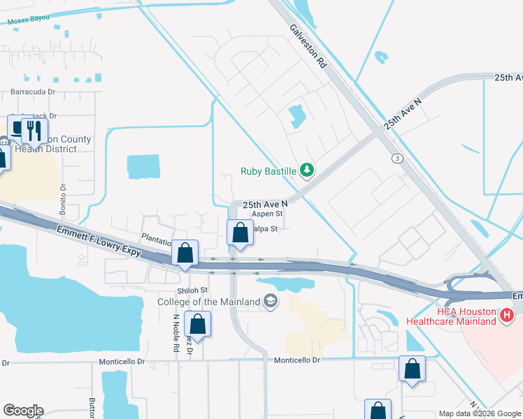 map of restaurants, bars, coffee shops, grocery stores, and more near 1754 Dogwood Street in Texas City