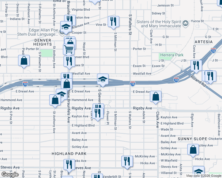 map of restaurants, bars, coffee shops, grocery stores, and more near 937 East Drexel Avenue in San Antonio