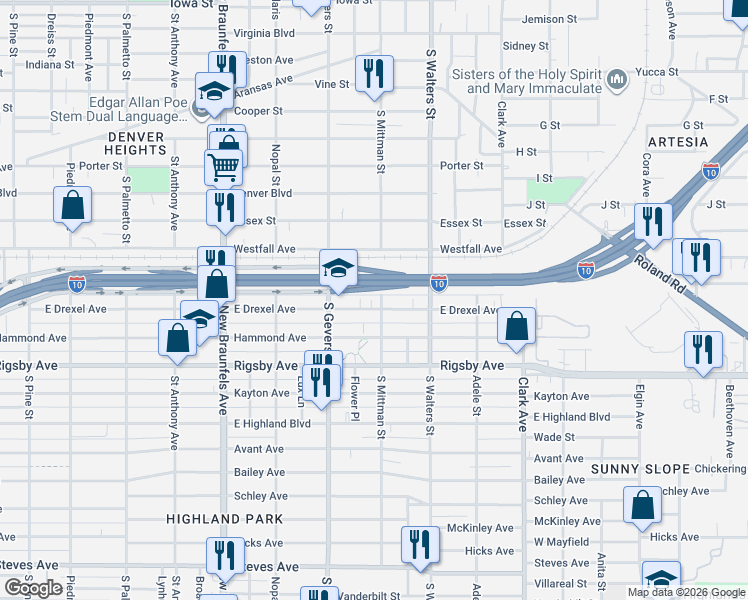 map of restaurants, bars, coffee shops, grocery stores, and more near 937 East Drexel Avenue in San Antonio