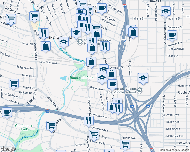 map of restaurants, bars, coffee shops, grocery stores, and more near 206 Roosevelt Avenue in San Antonio