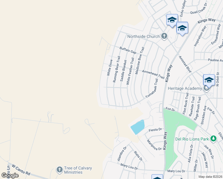 map of restaurants, bars, coffee shops, grocery stores, and more near 216 Running Bear Trail in Del Rio