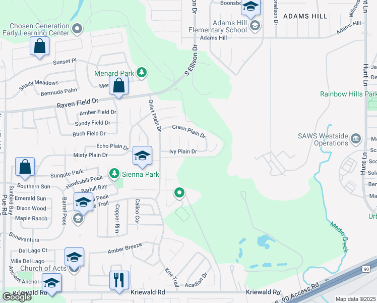 map of restaurants, bars, coffee shops, grocery stores, and more near 2911 Marble Glade in San Antonio